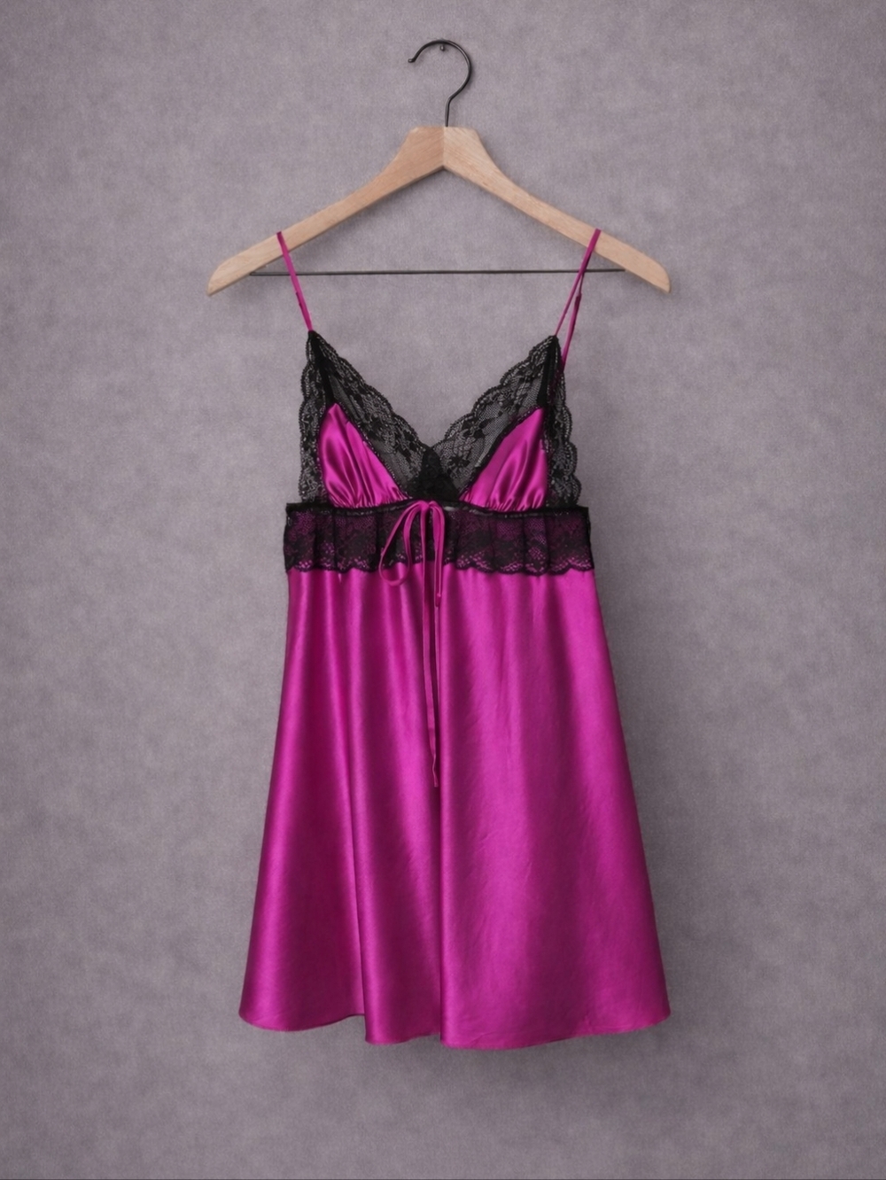 Victoria's Secret Hot Pink Satin Black Lace Slip Dress Large Vintage 2011 Y2K